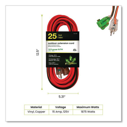 12 AWG Lighted End Heavy-Duty Extension Cord, 25 ft, 15 A, Orange/Black