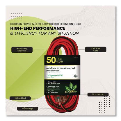 12 AWG Lighted End Heavy-Duty Extension Cord, 50 ft, 15 A, Orange/Black