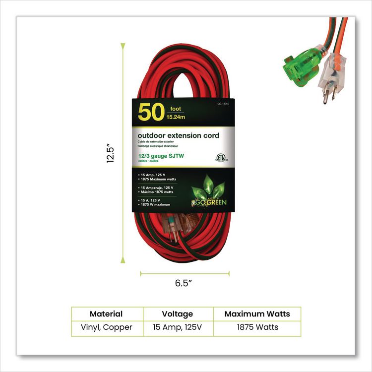 12 AWG Lighted End Heavy-Duty Extension Cord, 50 ft, 15 A, Orange/Black