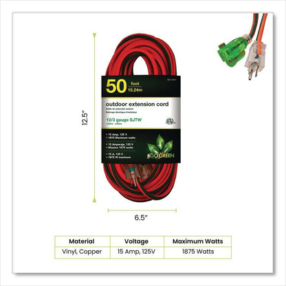12 AWG Lighted End Heavy-Duty Extension Cord, 50 ft, 15 A, Orange/Black