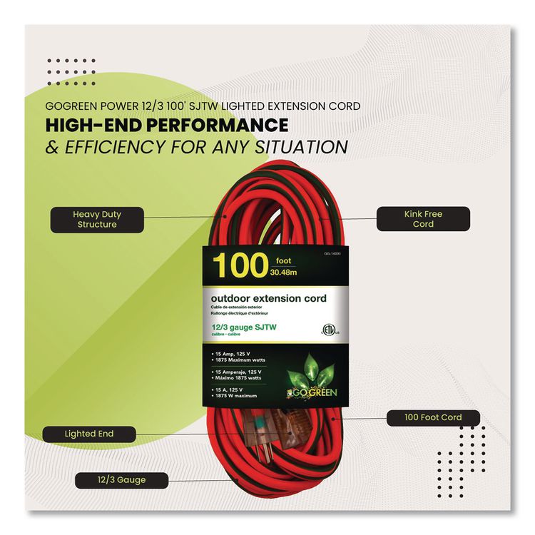 12 AWG Lighted End Heavy-Duty Extension Cord, 100 ft, 15 A, Orange/Black