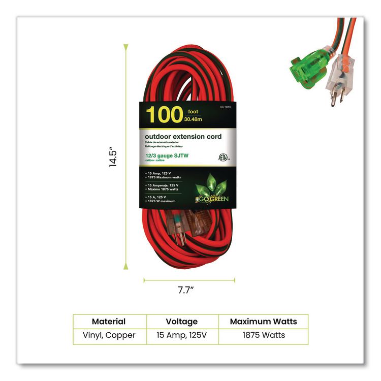 12 AWG Lighted End Heavy-Duty Extension Cord, 100 ft, 15 A, Orange/Black