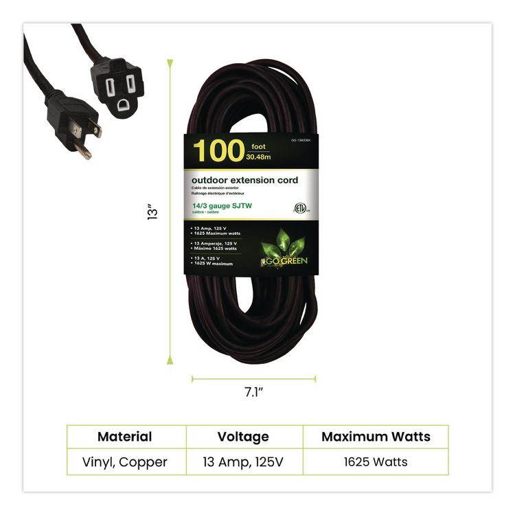 14 AWG Heavy-Duty Extension Cord, 100 ft, 13 A, Black