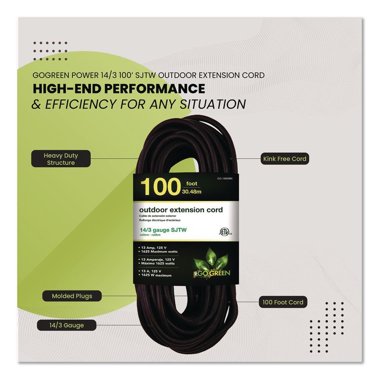 14 AWG Heavy-Duty Extension Cord, 100 ft, 13 A, Black