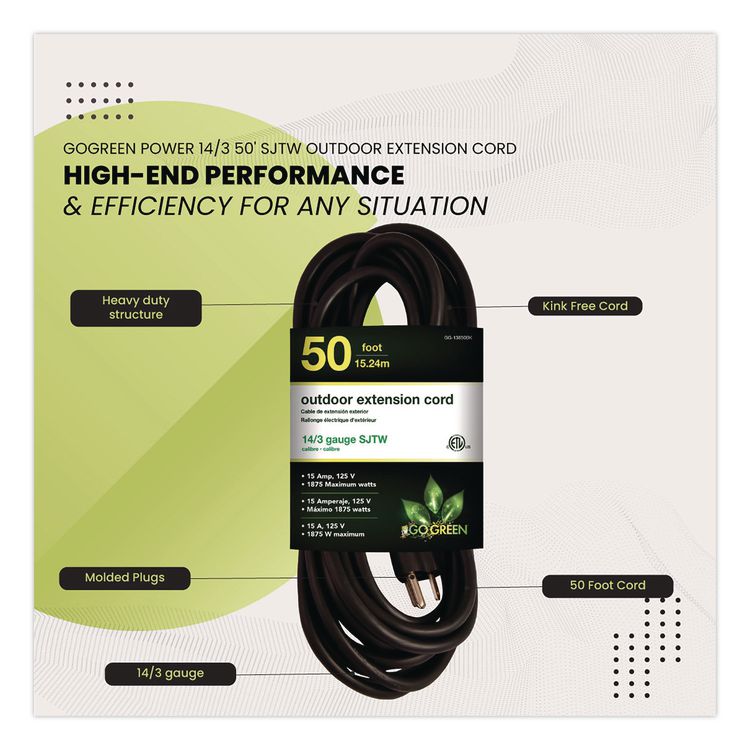 14 AWG Lighted End Heavy-Duty Extension Cord, 50 ft, 15 A, Black