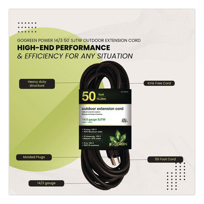 14 AWG Lighted End Heavy-Duty Extension Cord, 50 ft, 15 A, Black