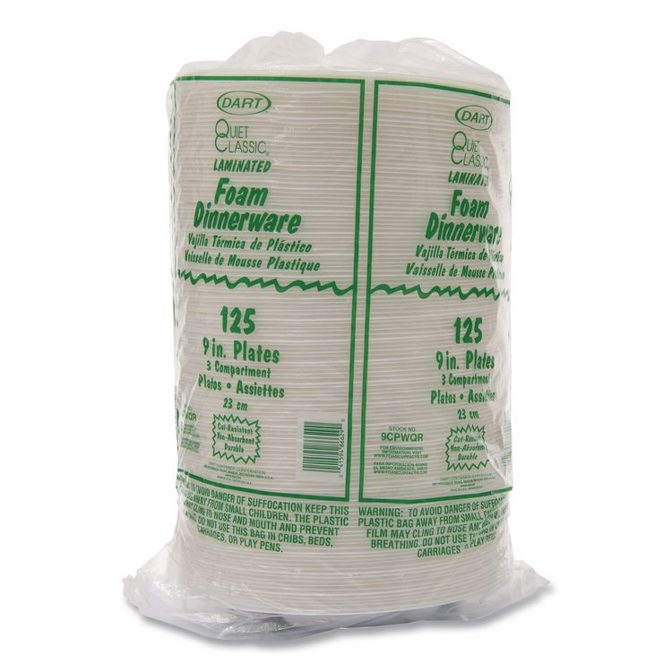 Mediumweight Foam Plates, 3-Compartment Plate, 9" dia, White, 125/Pack