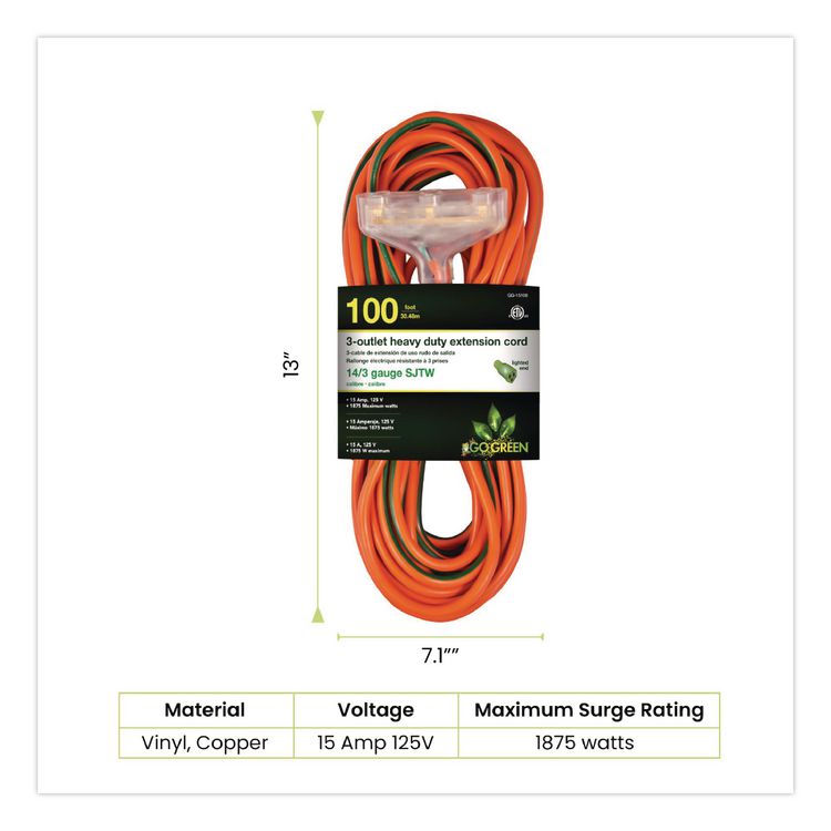 14 AWG 3-Outlet Heavy-Duty Extension Cord, 100 ft, 13 A, Orange