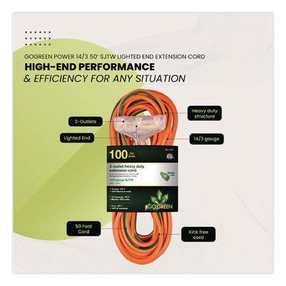 14 AWG 3-Outlet Heavy-Duty Extension Cord, 100 ft, 13 A, Orange