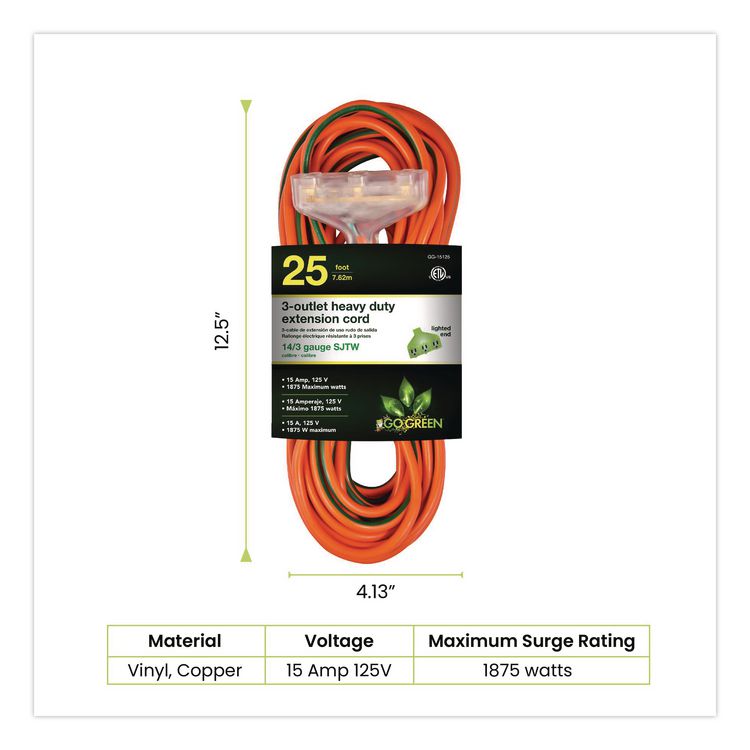 14 AWG 3-Outlet Heavy Duty Extension Cord, 25 ft, 15 A, Orange