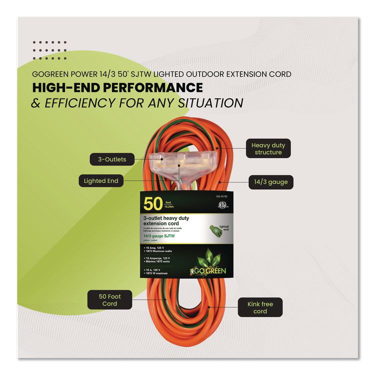 14 AWG 3-Outlet Heavy-Duty Extension Cord, 50 ft, 15 A, Orange
