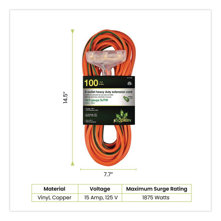 12 AWG 3-Outlet Heavy-Duty Extension Cord, 100 ft, 15 A, Orange
