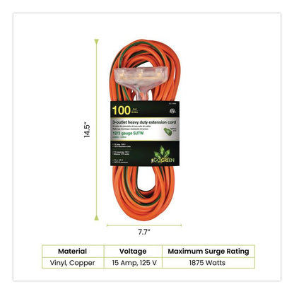 12 AWG 3-Outlet Heavy-Duty Extension Cord, 100 ft, 15 A, Orange