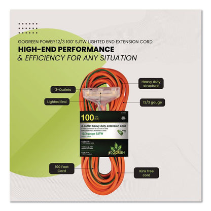 12 AWG 3-Outlet Heavy-Duty Extension Cord, 100 ft, 15 A, Orange