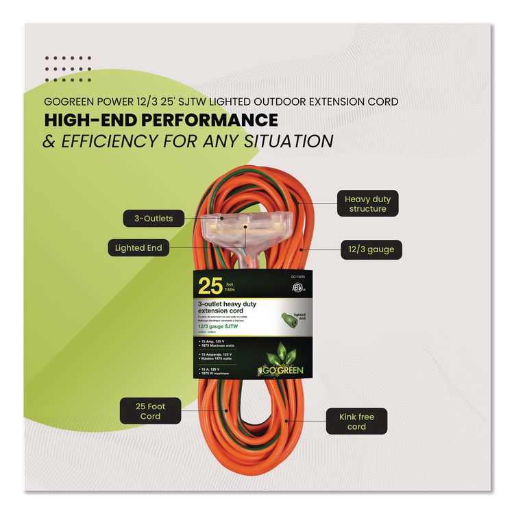 12 AWG 3-Outlet Heavy-Duty Extension Cord, 25 ft, 15 A, Orange