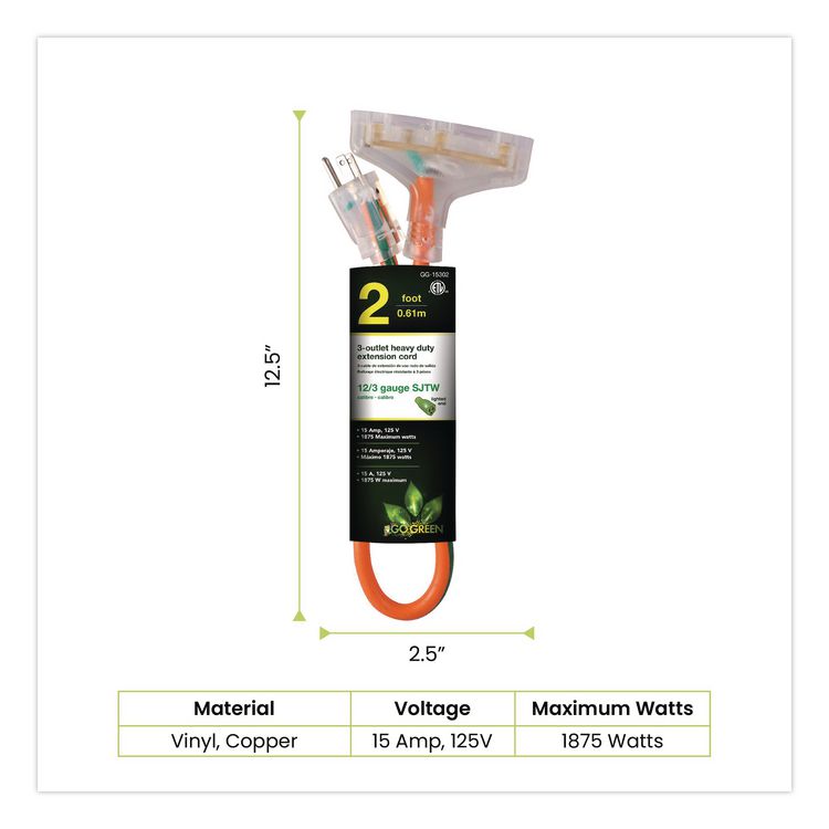 12 AWG 3-Outlet Heavy-Duty Extension Cord, 2 ft, 15 A, Orange