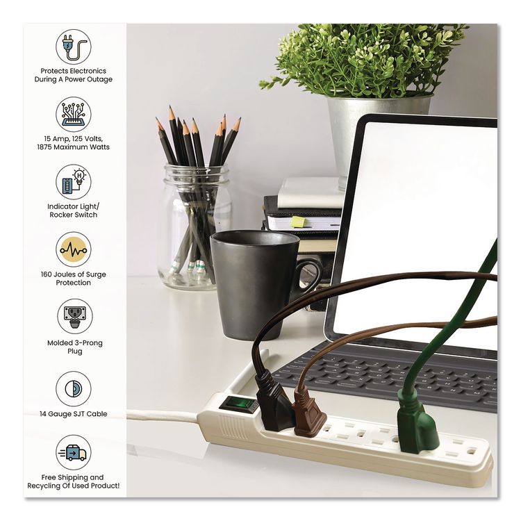 6 Outlet Mini Surge Protector, 2 ft Cord, 160 J, White