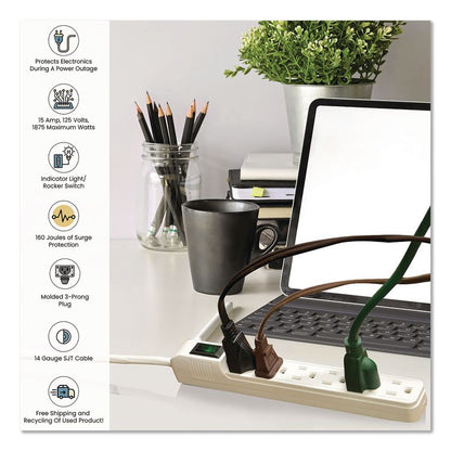 6 Outlet Mini Surge Protector, 2 ft Cord, 160 J, White