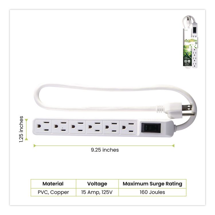 6 Outlet Mini Surge Protector, 2 ft Cord, 160 J, White