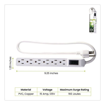 6 Outlet Mini Surge Protector, 2 ft Cord, 160 J, White