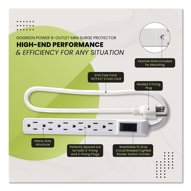 6 Outlet Mini Surge Protector, 2 ft Cord, 160 J, White