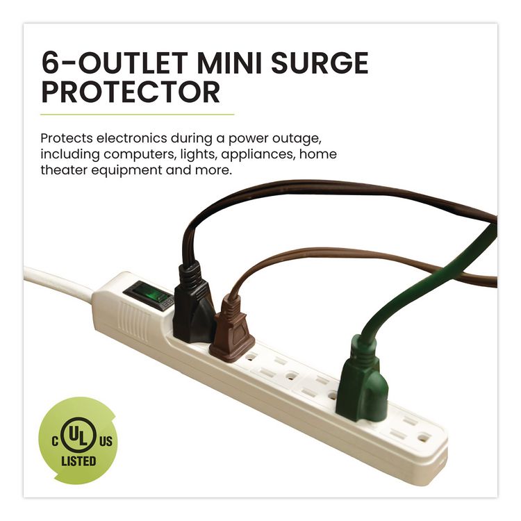6 Outlet Mini Surge Protector, 2 ft Cord, 160 J, White