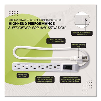 6 Outlet Mini Surge Protector, 2 ft Cord, 160 J, Black