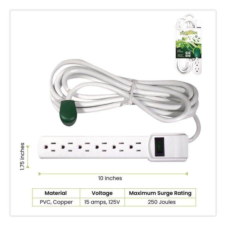 6 Outlet Surge Protector, 12 ft Cord, 250 J, White
