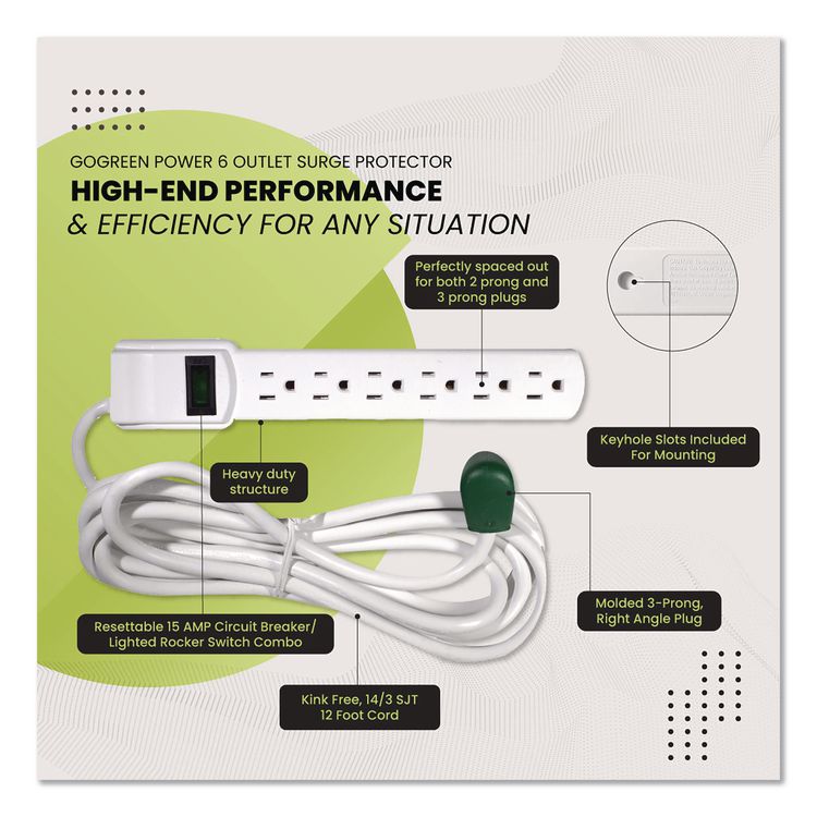 6 Outlet Surge Protector, 12 ft Cord, 250 J, White