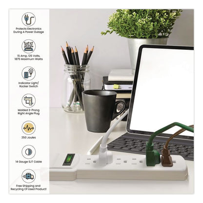 6 Outlet Surge Protector, 12 ft Cord, 250 J, White