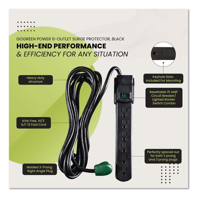 6 Outlet Surge Protector, 12 ft Cord, 250 J, Black