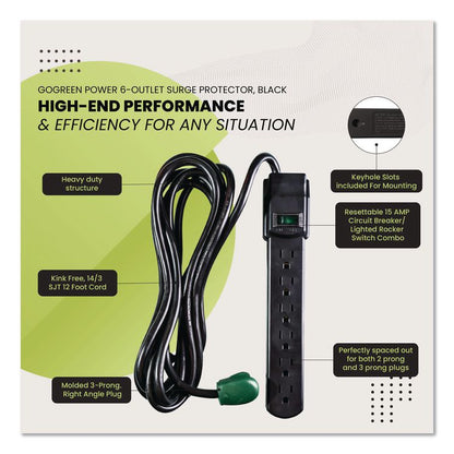 6 Outlet Surge Protector, 12 ft Cord, 250 J, Black