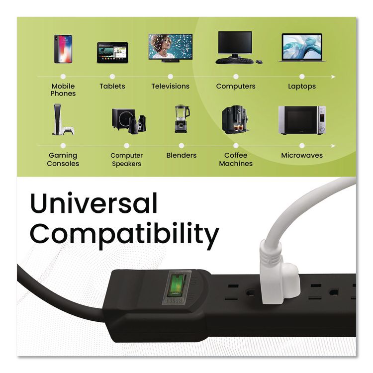 6 Outlet Surge Protector, 12 ft Cord, 250 J, Black