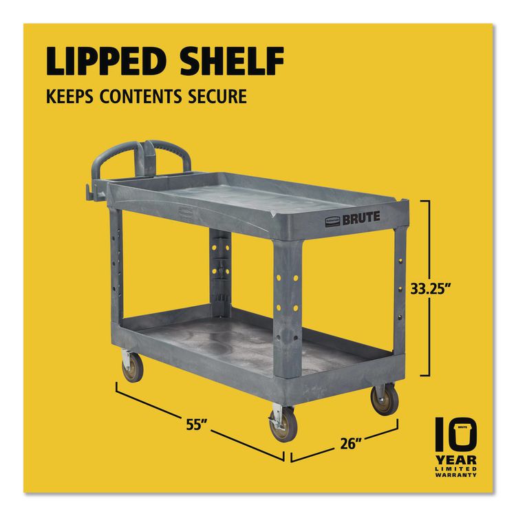 BRUTE Heavy-Duty Ergo Handle Utility Cart, Plastic, 2 Shelves, 750 lb Capacity, 26" x 55" x 33.25", Gray