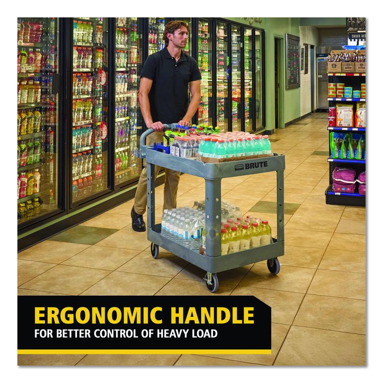 BRUTE Heavy-Duty Ergo Handle Utility Cart, Plastic, Two Shelves, 500 lb Capacity, 25.5" x 44" x 39", Gray