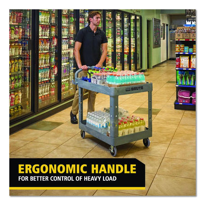 BRUTE Heavy-Duty Ergo Handle Utility Cart, Plastic, Two Shelves, 500 lb Capacity, 25.5" x 44" x 39", Gray