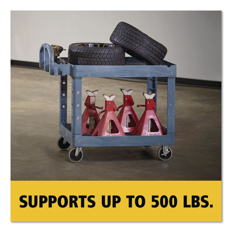 BRUTE Heavy-Duty Ergo Handle Utility Cart, Plastic, Two Shelves, 500 lb Capacity, 25.5" x 44" x 39", Gray
