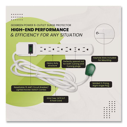 6 Outlet Surge Protector, 6 ft Cord, 250 J, White