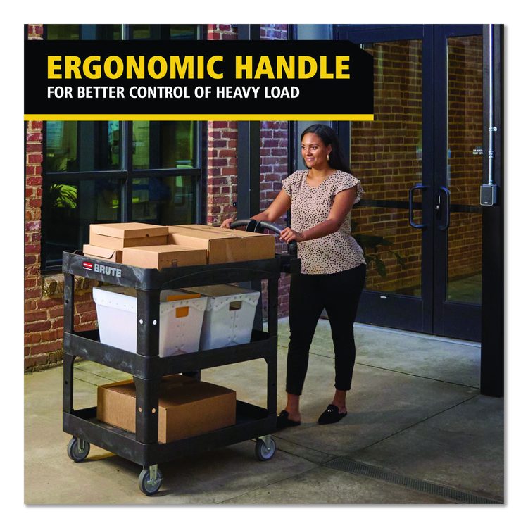 BRUTE 3-Shelf Heavy-Duty Ergo Lipped Utility Cart, Resin, 3 Shelves, 600 lb Capacity, 25.24" x 44" x 47", Black