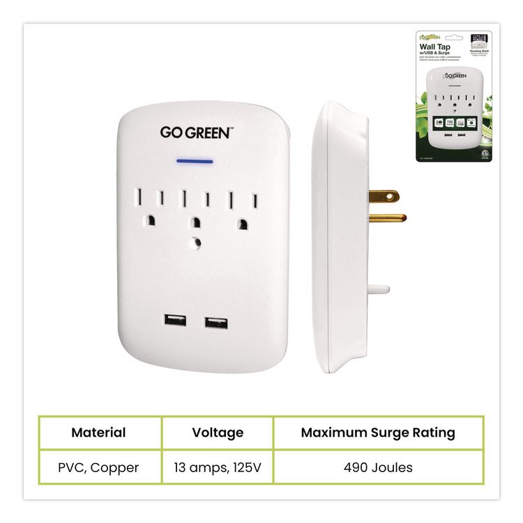 3 Outlet 2 USB Wall Tap, 735 J, White