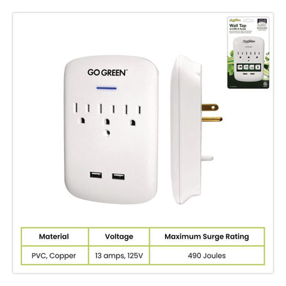 3 Outlet 2 USB Wall Tap, 735 J, White