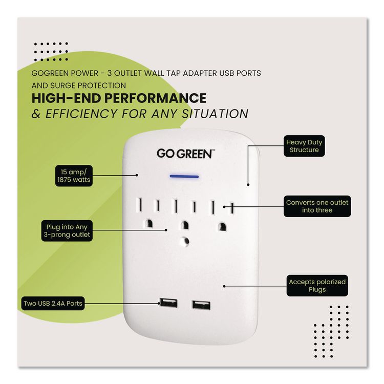 3 Outlet 2 USB Wall Tap, 735 J, White