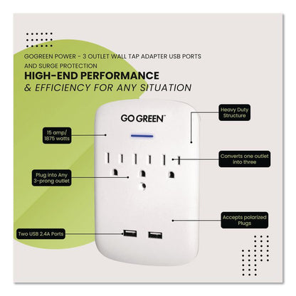 3 Outlet 2 USB Wall Tap, 735 J, White
