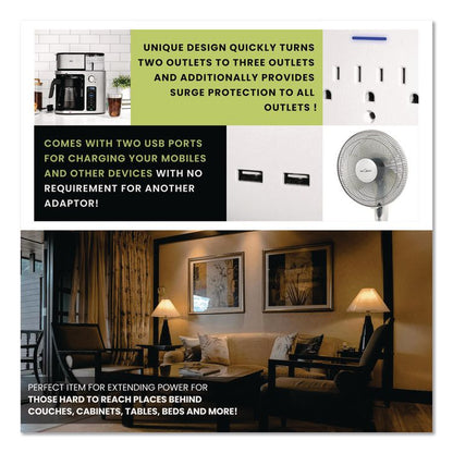 3 Outlet 2 USB Wall Tap, 735 J, White