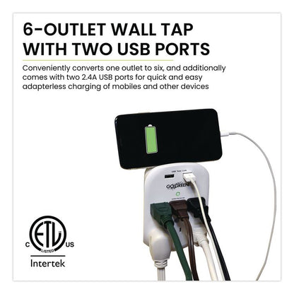 6 Outlet 4 USB Wall Tap, 735 J, White