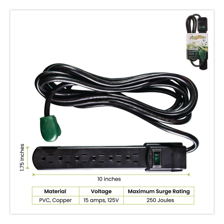 6 Outlet Surge Protector, 6 ft Cord, 250 J, Black