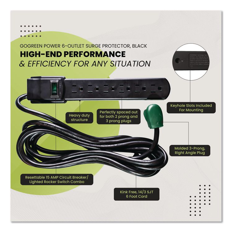 6 Outlet Surge Protector, 6 ft Cord, 250 J, Black