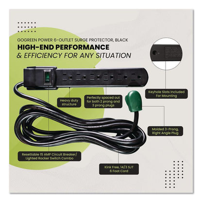 6 Outlet Surge Protector, 6 ft Cord, 250 J, Black