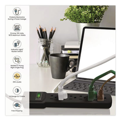 6 Outlet Surge Protector, 6 ft Cord, 250 J, Black