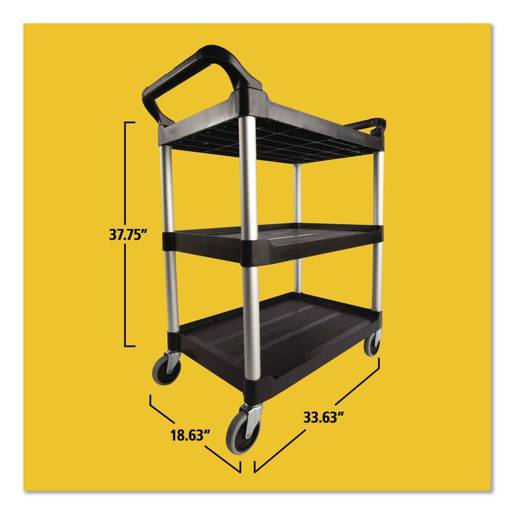 Three-Shelf Service Cart, Plastic, 3 Shelves, 200 lb Capacity, 18.63" x 33.63" x 37.75", Black